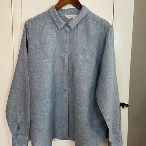 GARNET HILL Women’s Easy Linen Button-Up Shirt Sky Blue Chambray Size XL
